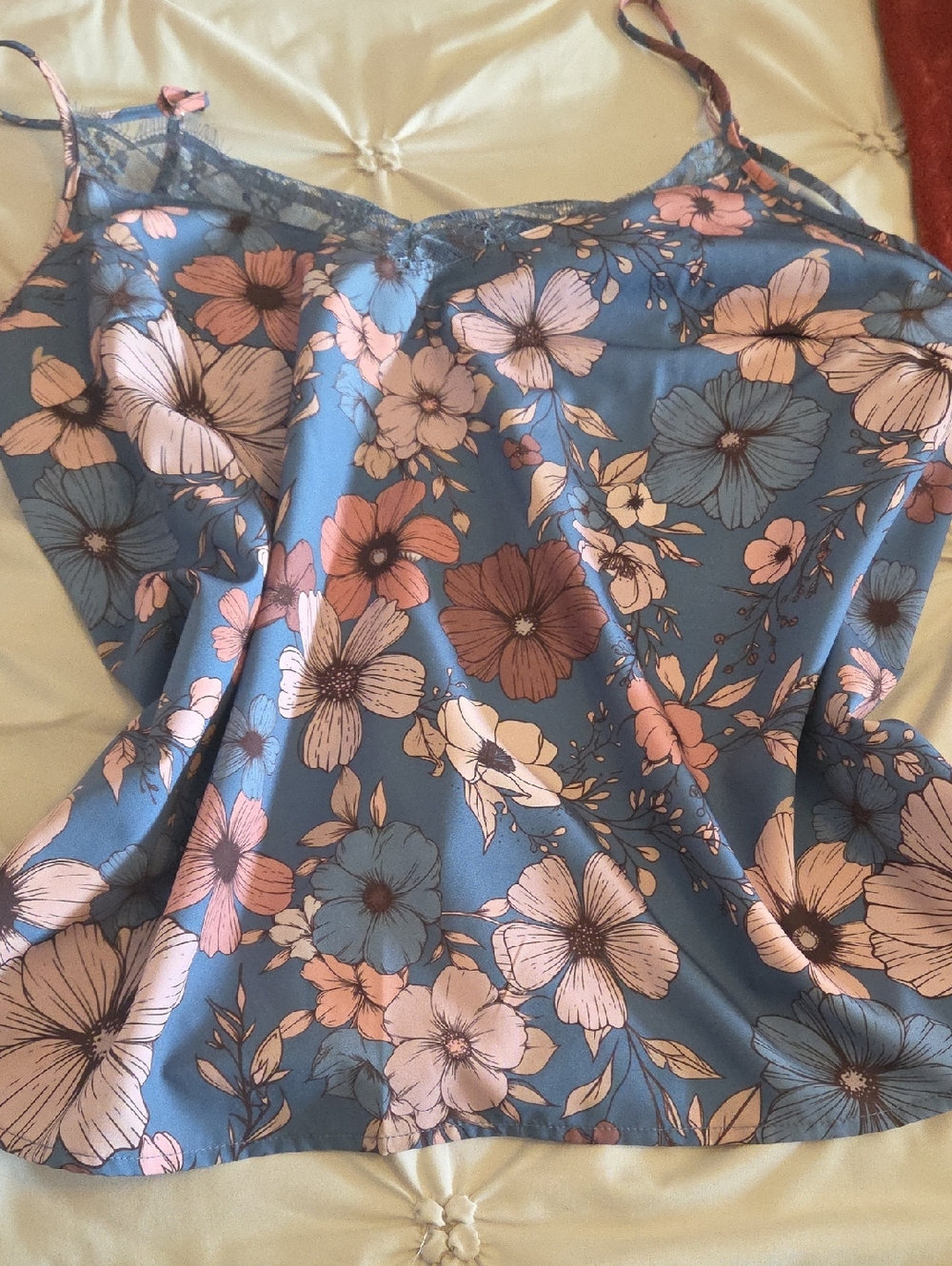 SHEIN Blue Floral Satin Camisole with Pink & Brown Accents